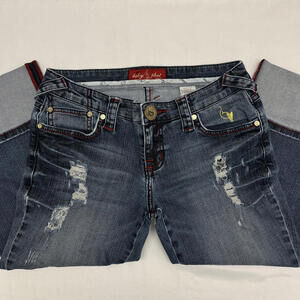 Y2K Baby Phat Distressed Capri Jeans Gold Logo Red Stitching Sz 1 Streetwear